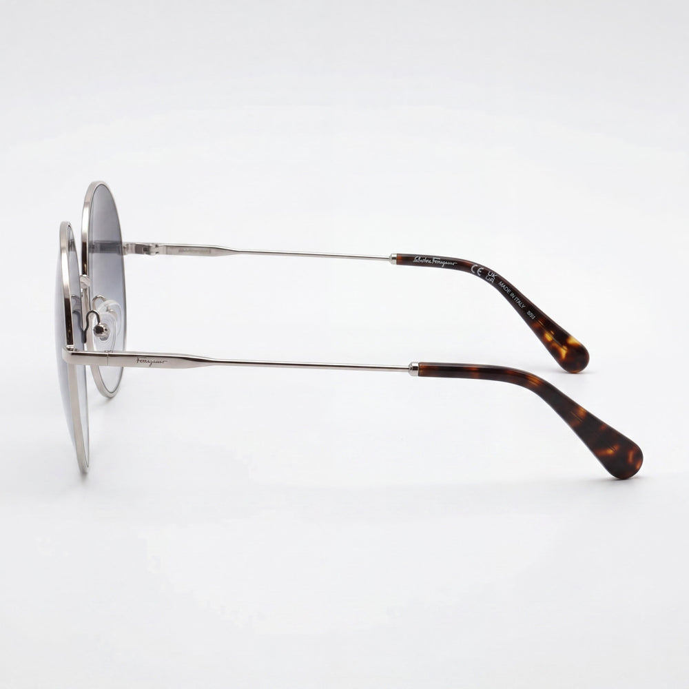 Gafas de sol Salvatore Ferragamo clásicas de mujer, redondas, de metal plateado brillante, con protección UV azul no polarizada, 60 mm