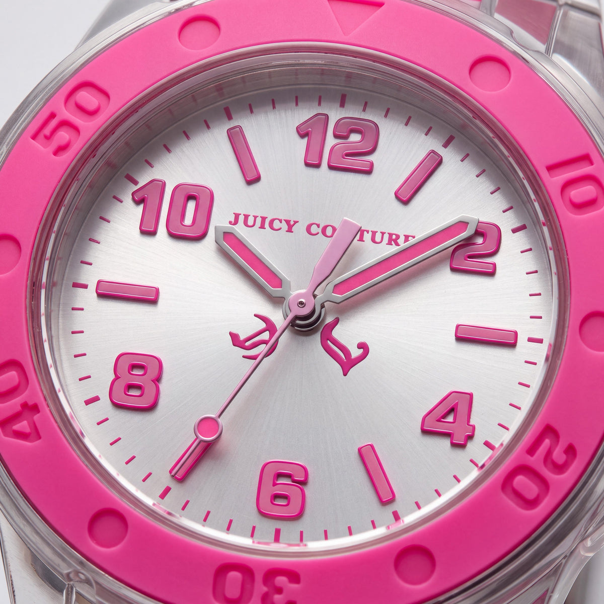 Reloj informal Juicy Couture para mujer con bisel de silicona en rosa neón y pulsera de plástico transparente, resistente al agua 30M, Photo 2