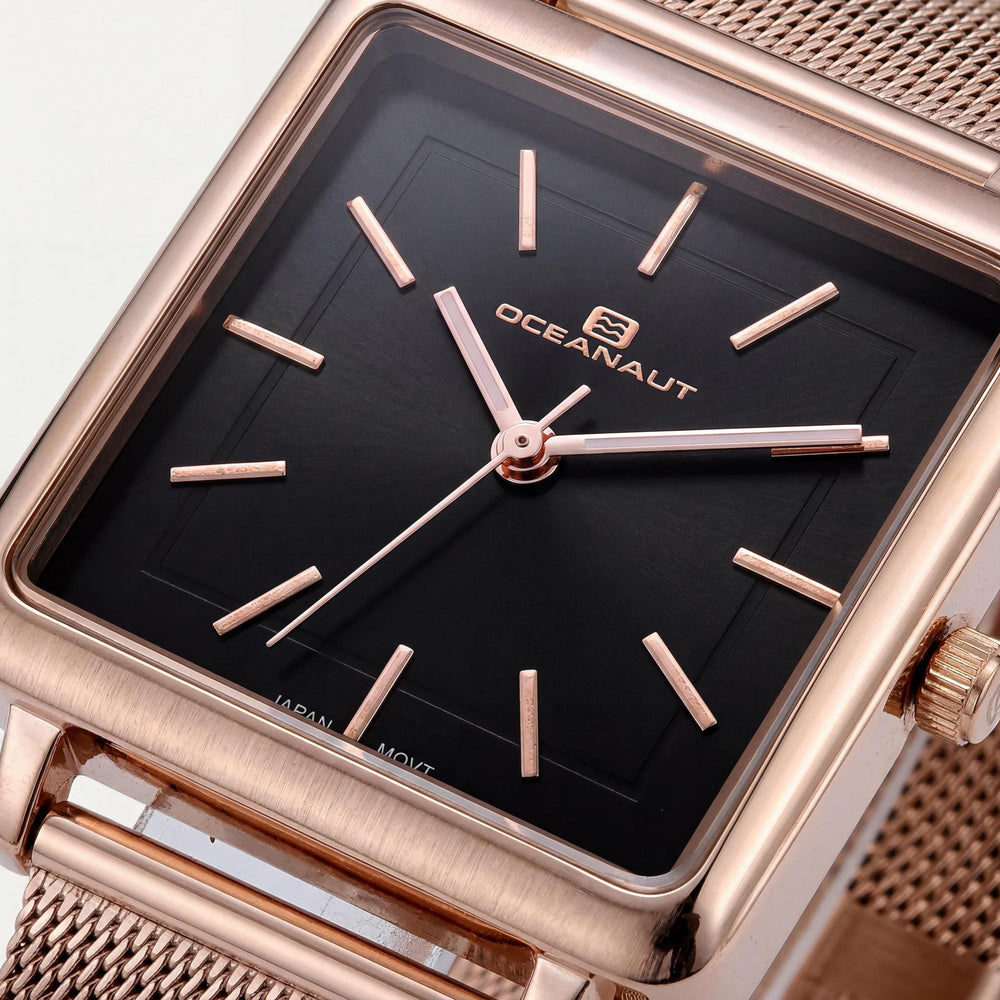 Reloj de cuarzo Oceanaut para mujer, caja y pulsera de acero inoxidable en oro rosa, esfera negra, resistente al agua hasta 30 m.