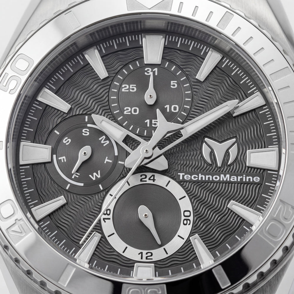Reloj de cuarzo cronógrafo unisex TechnoMarine Cruise TM-124017, caja de acero inoxidable de 45 mm en negro y acero con correa de silicona