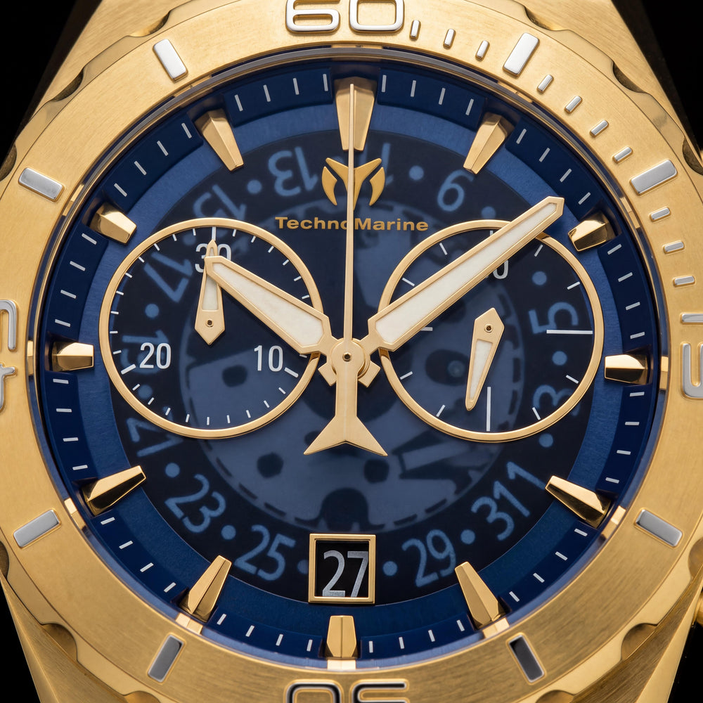 TechnoMarine TM-519009 Modern Men's Blue Silicone Strap Gold Tone Stainless Steel Swiss Quartz Water Resistant Watch 48mm