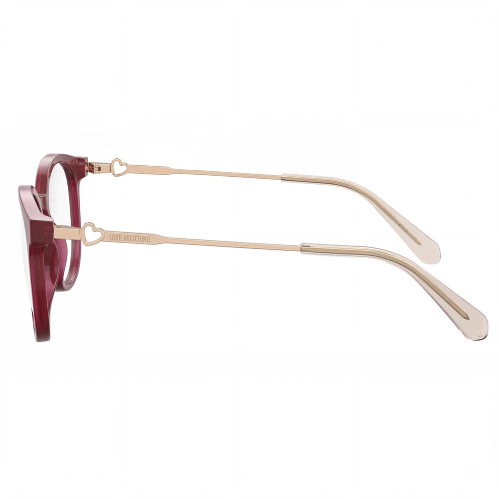 Gafas Love Moschino Modern para mujer con montura de acetato rojo, lentes de 49 mm, puente de 18 mm y patillas de 135 mm.