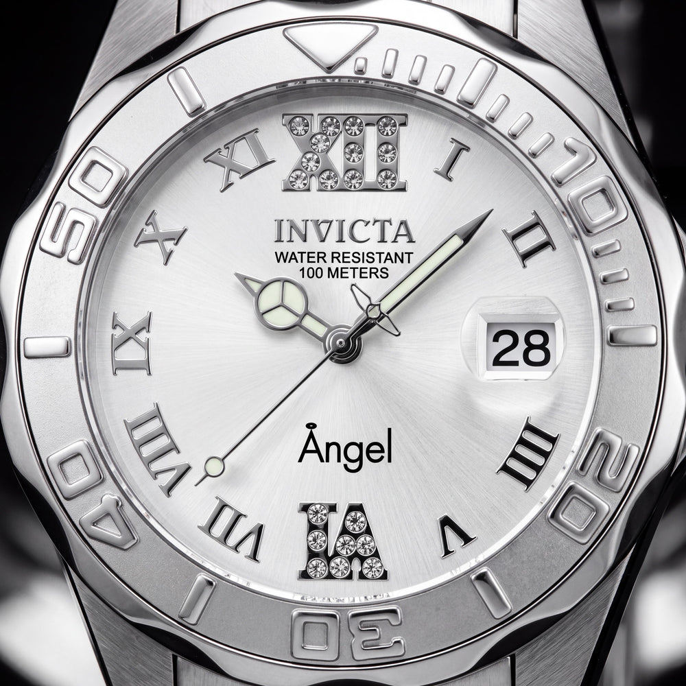 Invicta Reloj Analógico de Cuarzo Angel 14396 para Mujer, de Acero Inoxidable Tono Plateado con Esfera Acentuada con Cristales, 38 mm
