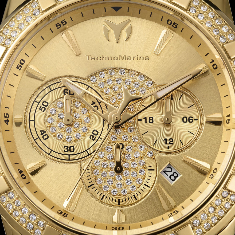 Reloj TechnoMarine de cuarzo para hombre, que brilla en la oscuridad, caja de acero inoxidable tono dorado, correa de silicona blanca, 45 mm