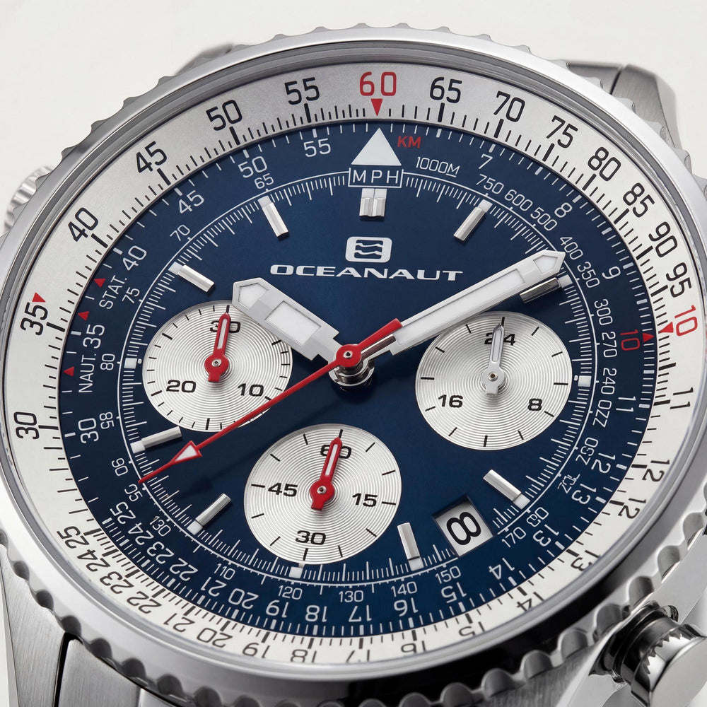 Reloj cronógrafo Oceanaut de acero inoxidable para hombre, esfera azul, caja de 48 mm, resistente al agua hasta 100 m.