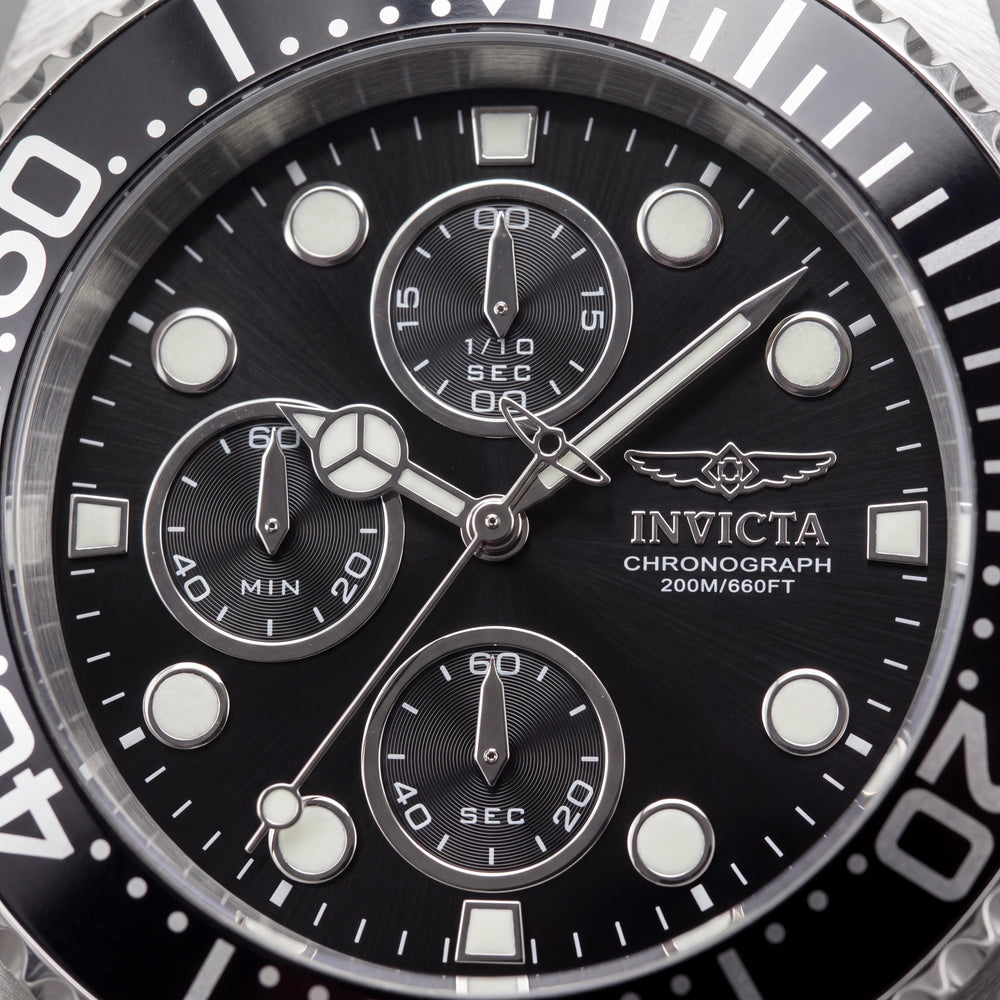 Invicta 1768 Pro Diver Reloj unisex de acero inoxidable y cronógrafo negro luminoso 44mm 200m RM