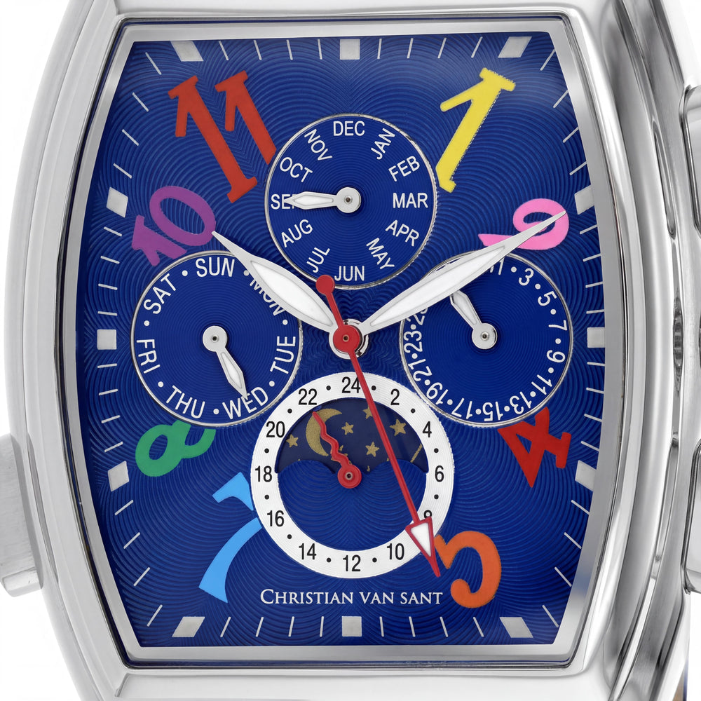 Reloj multifunción de fase lunar automático Christian Van Sant Grandeur para hombre con esfera azul, acero inoxidable y cuero