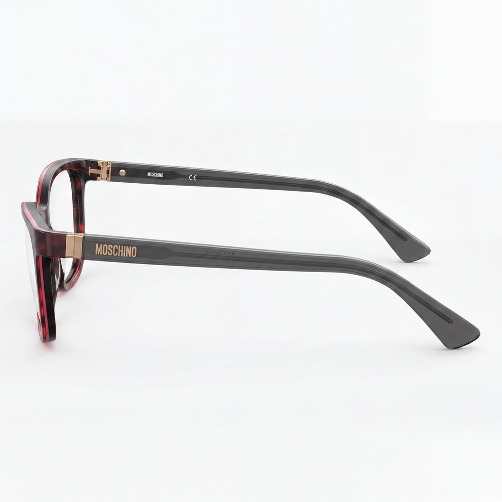 Gafas Moschino Eyewear para mujer con montura de plástico en marrón leopardo rojo y lentes de 55 mm de ancho.
