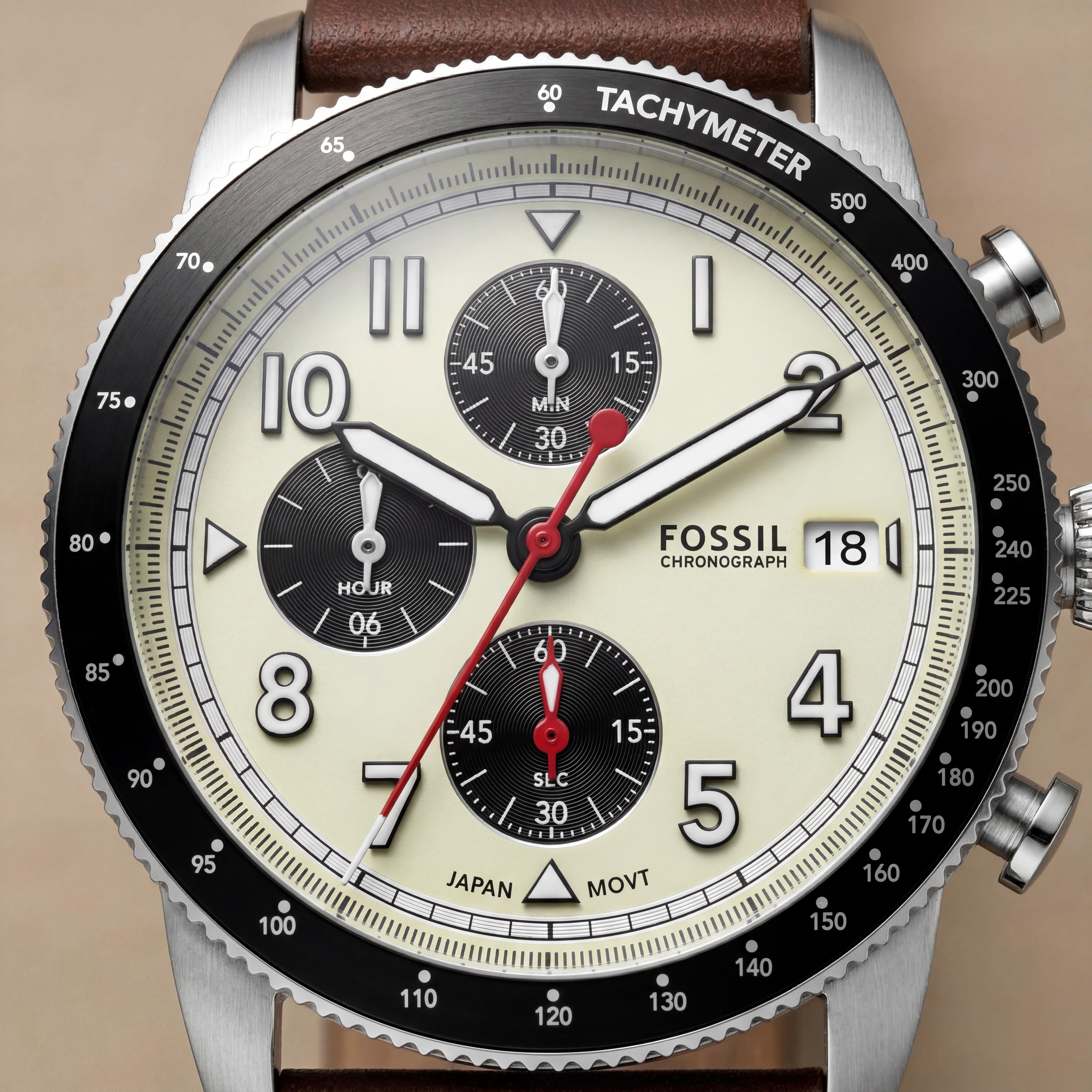 Fossil Sport FS6042 Tourer Men's Chronograph Brown Leather Strap Silver-Tone Case Cream Dial 42mm Watch, Photo 2