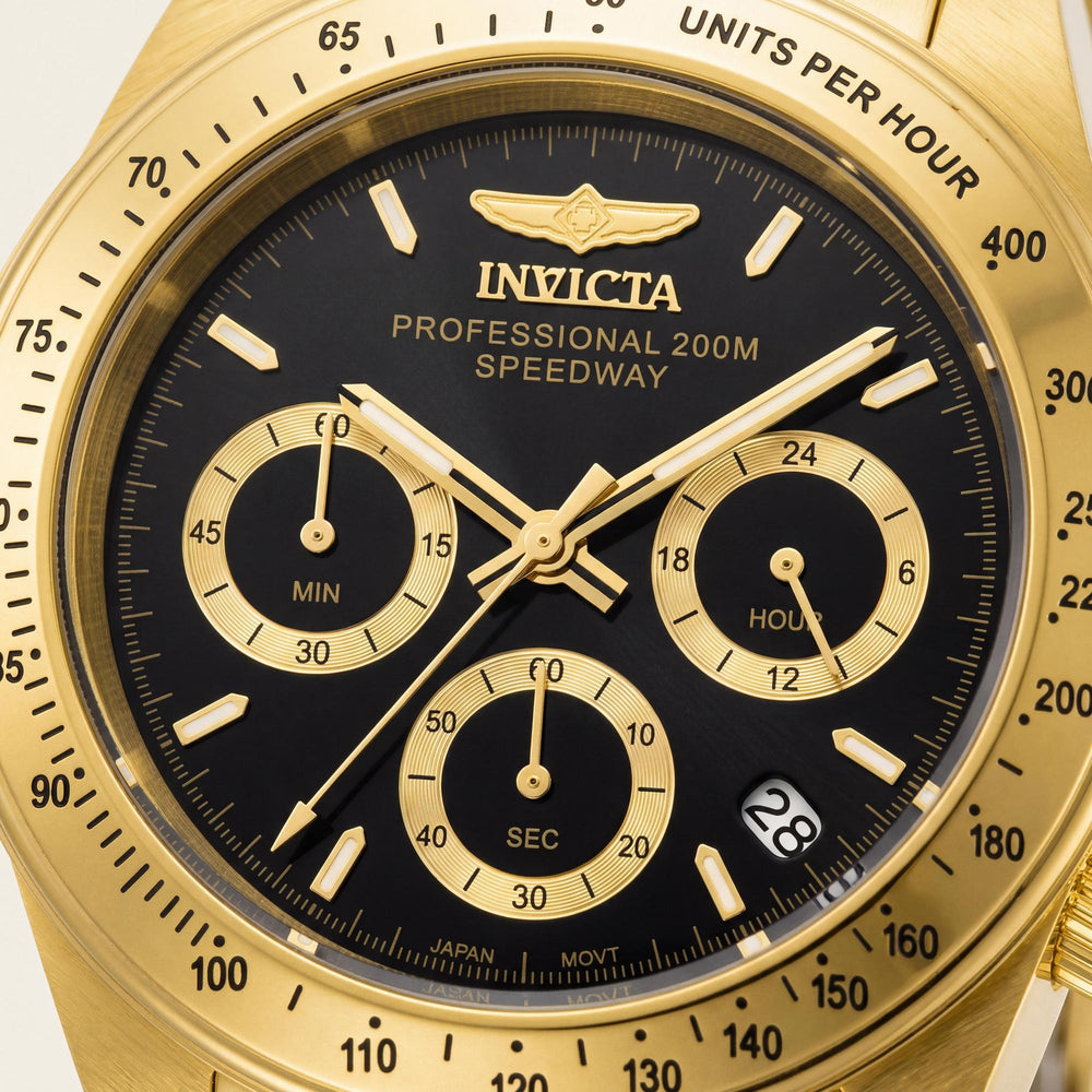 Reloj cronógrafo de cuarzo Invicta Speedway 31001 unisex de acero inoxidable en tono dorado con esfera negra de 39 mm