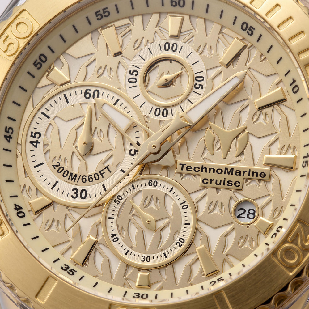 Reloj Technomarine Cruise TM-125002 Cronógrafo de cuarzo para hombre, de acero inoxidable, esfera dorada, correa de silicona, 45 mm