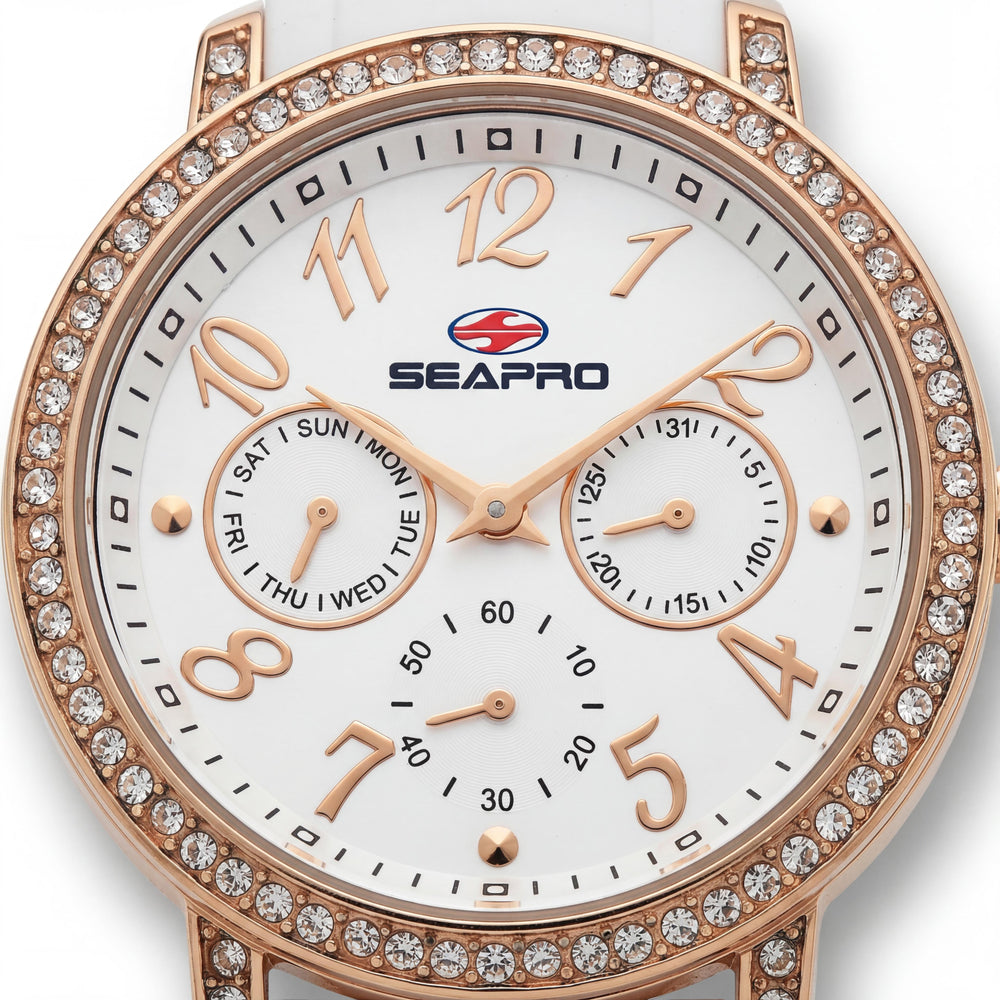 Reloj de pulsera analógico Seapro para mujer con movimiento de cuarzo y correa de silicona plateada, resistente al agua 50 m, caja de 37 mm