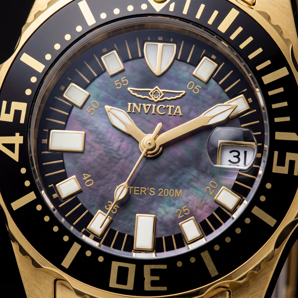 Invicta Pro Diver 2962 Reloj de Acero Inoxidable Chapado en Oro de 30 mm para Mujer, Esfera de Nácar Negro, Bisel Negro