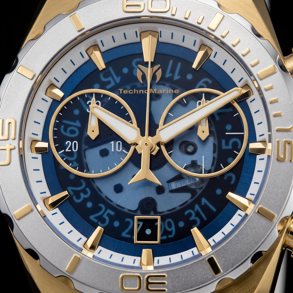 Reloj TechnoMarine Modern para hombre, blanco, azul, silicona, nailon, cuarzo suizo, brilla en la oscuridad, acero, tono dorado, 48 mm