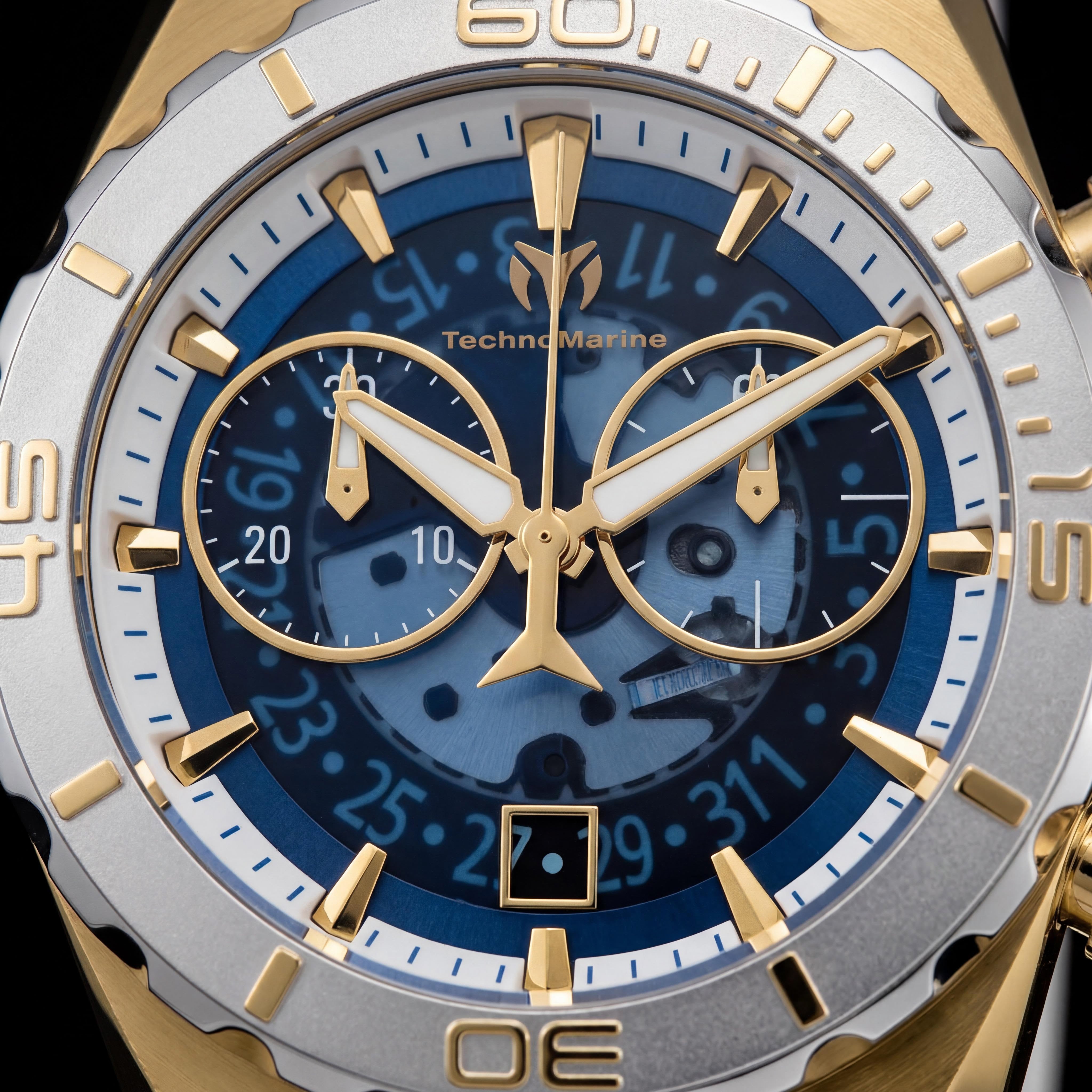 TechnoMarine Modern Men's White Blue Silicone Nylon Swiss Quartz Glow In The Dark Steel Gold Tone 48mm Watch, Photo 2