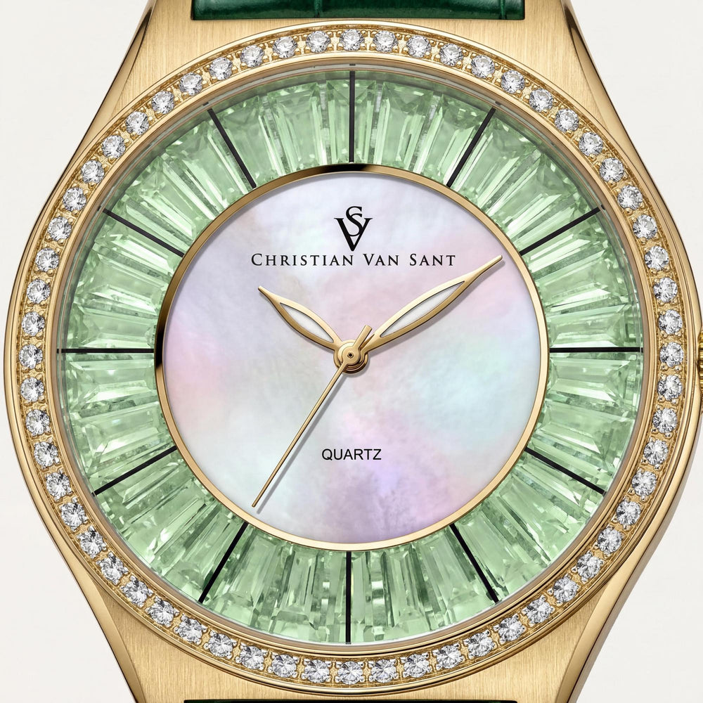 Reloj Christian Van Sant para mujer con movimiento de cuarzo, esfera de nácar, correa de cuero y resistente al agua.