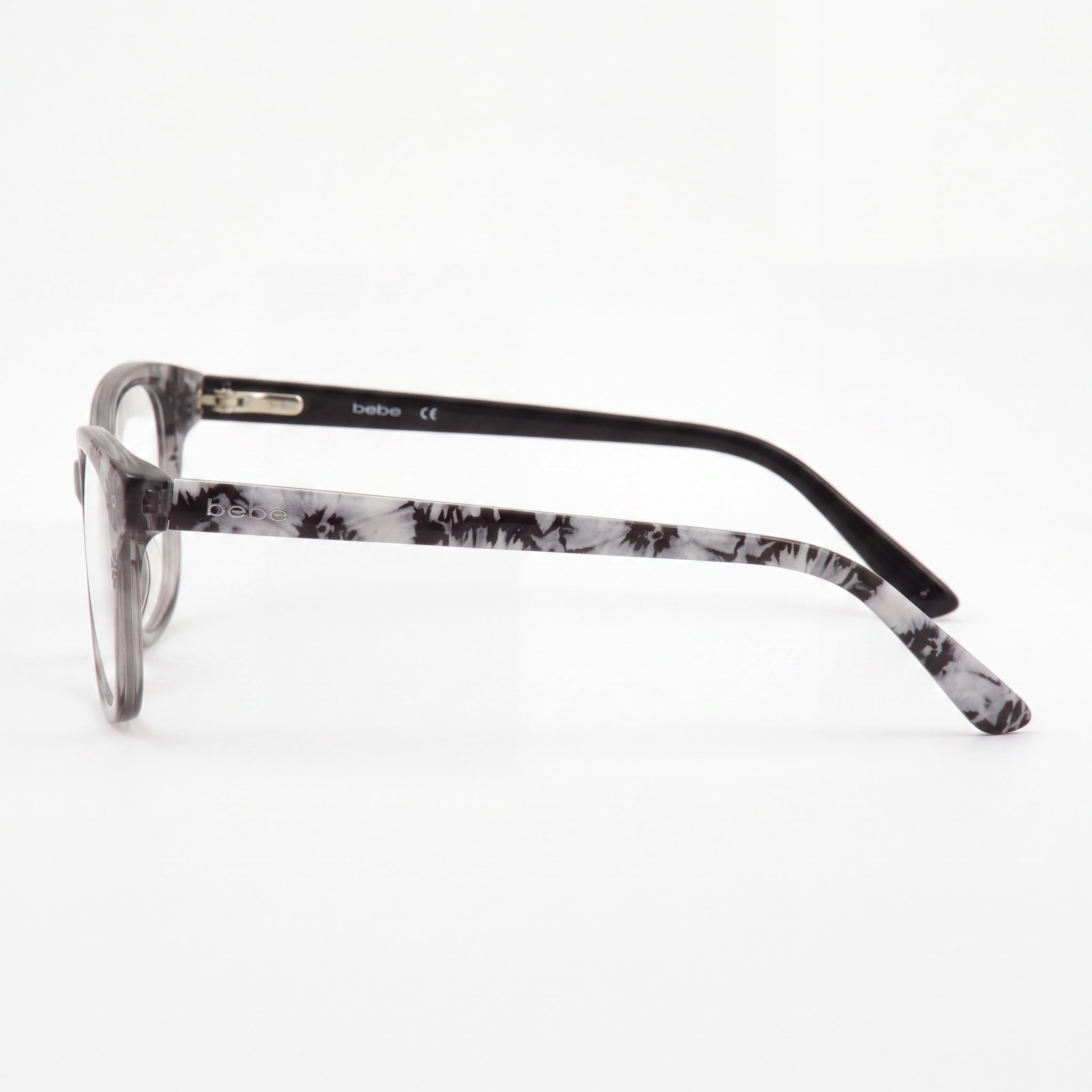 bebe BB5163 Women's Cat Eye Full Rim Plastic Eyeglasses with Clear Plastic Lenses, Grey Crystal Floral Frame 55mm, Photo 2