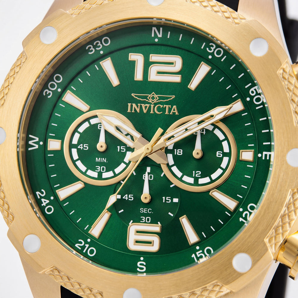Reloj Invicta informal para hombre, multifunción, esfera verde, acero inoxidable chapado en oro, poliuretano negro, 50 mm