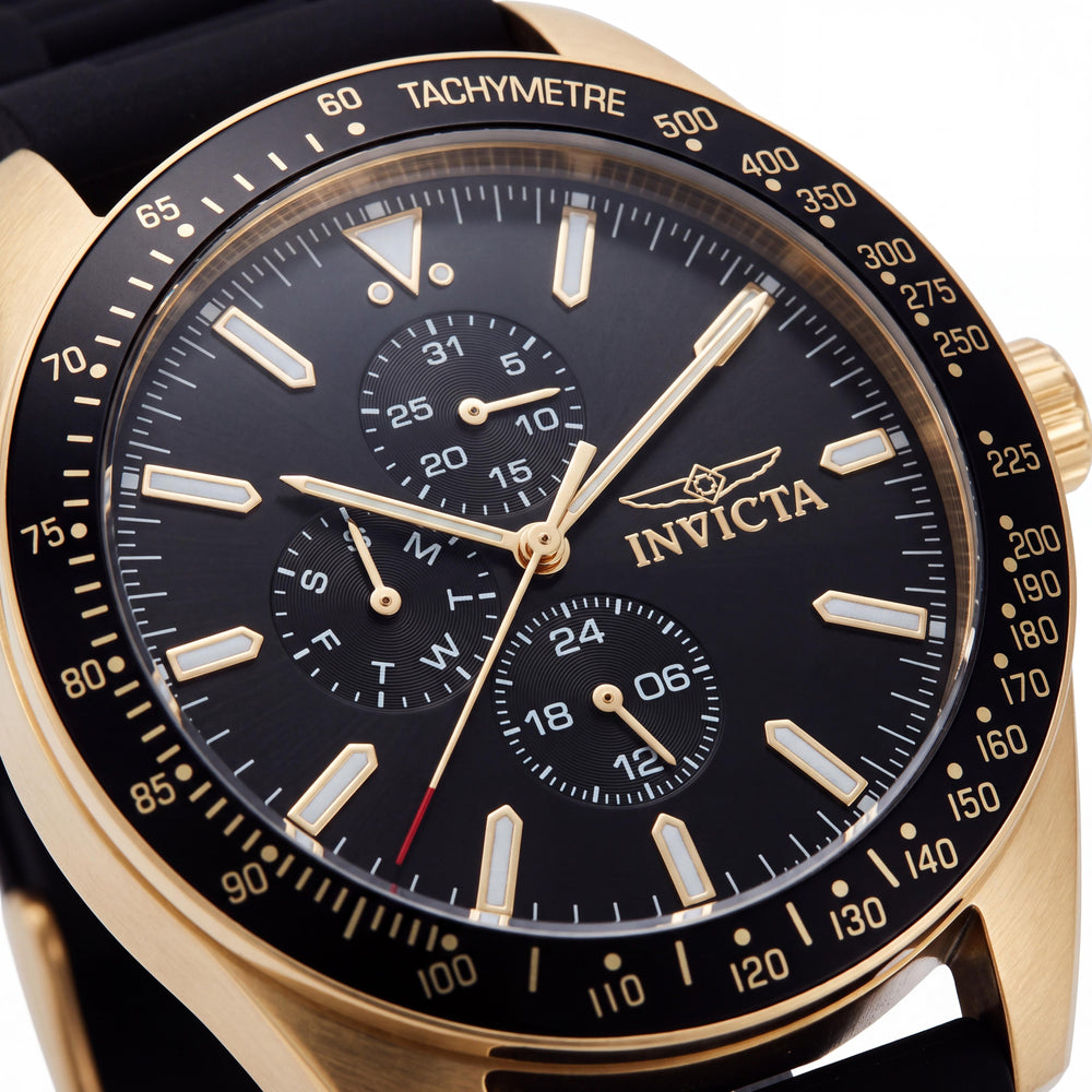 Invicta Aviator Reloj Unisex de Cuarzo, Correa de Silicona Negra, Detalles Dorados, Brilla en la Oscuridad, Sumergible 100m, 45mm