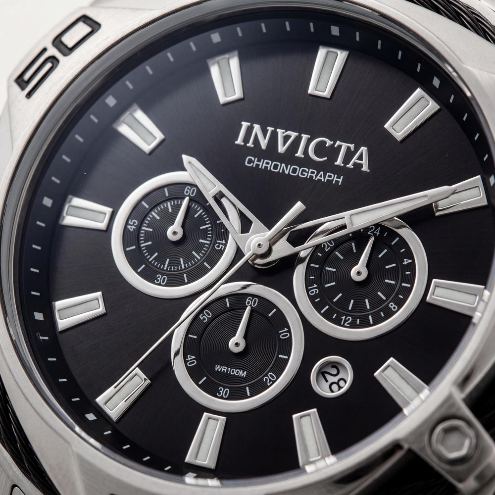 Reloj Invicta para hombre, cronógrafo de cuarzo, acero inoxidable, tono plateado, esfera negra, cristal Flame Fusion, resistente al agua hasta 100 m, 50 mm
