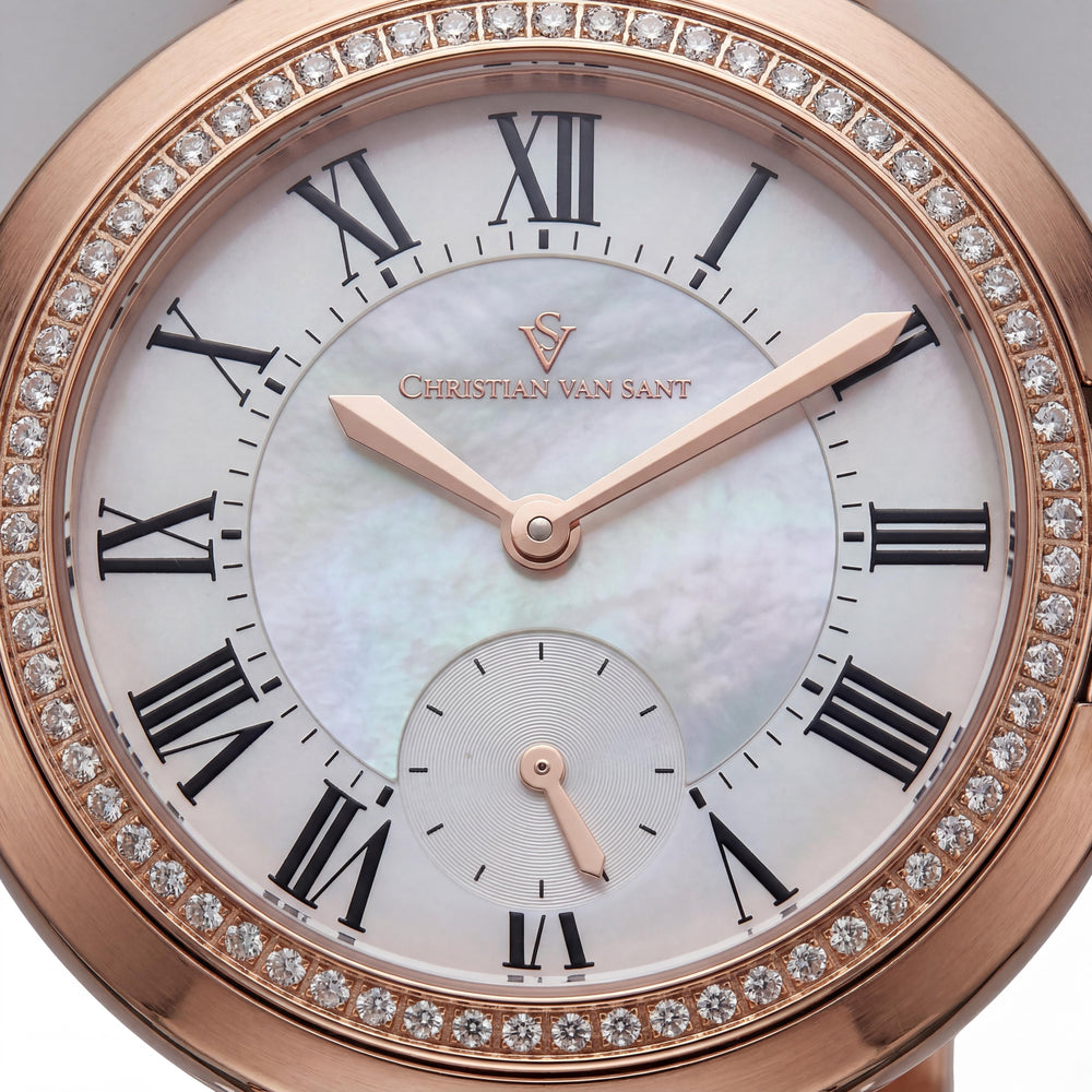 Christian Van Sant CV0232 Reloj Cybele para mujer con esfera de nácar blanca, bisel de cristal y manecillas de oro rosa