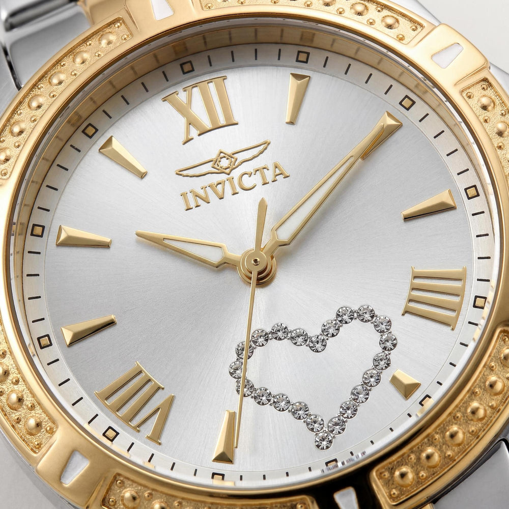 Reloj Invicta Angel para mujer, de acero inoxidable chapado en oro amarillo de dos tonos, esfera plateada luminosa, 35 mm