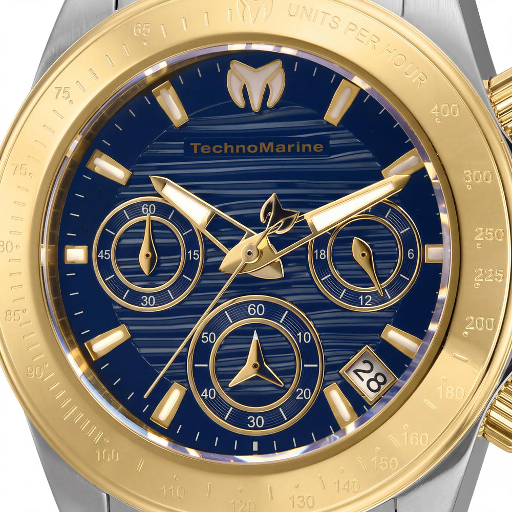 Reloj Technomarine Manta Collection de Cuarzo Cronógrafo para Mujer, Resistente al Agua, Caja de Acero Inoxidable Tono Dorado de 38 mm y Esfera Azul