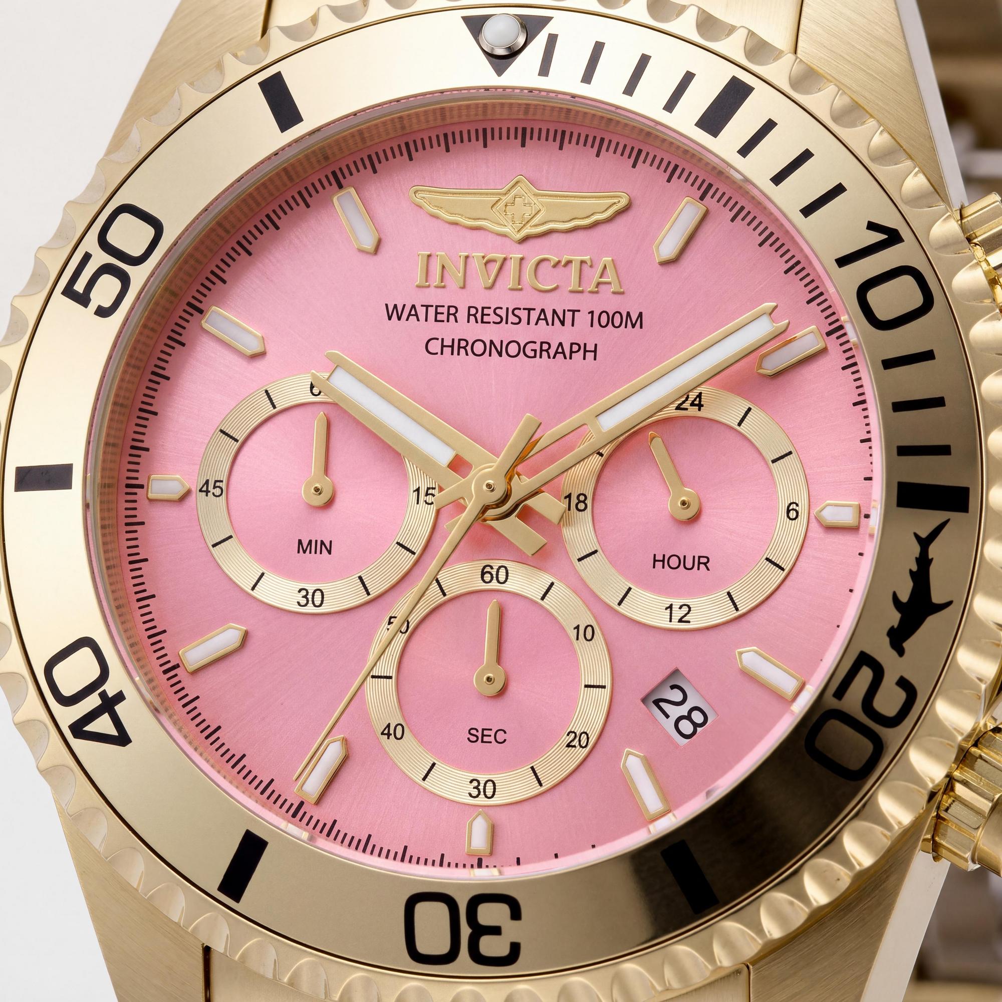 Reloj cronógrafo de cuarzo unisex Invicta Pro Diver 49836, caja dorada, esfera rosa y brazalete de acero inoxidable de 43 mm., Photo 2