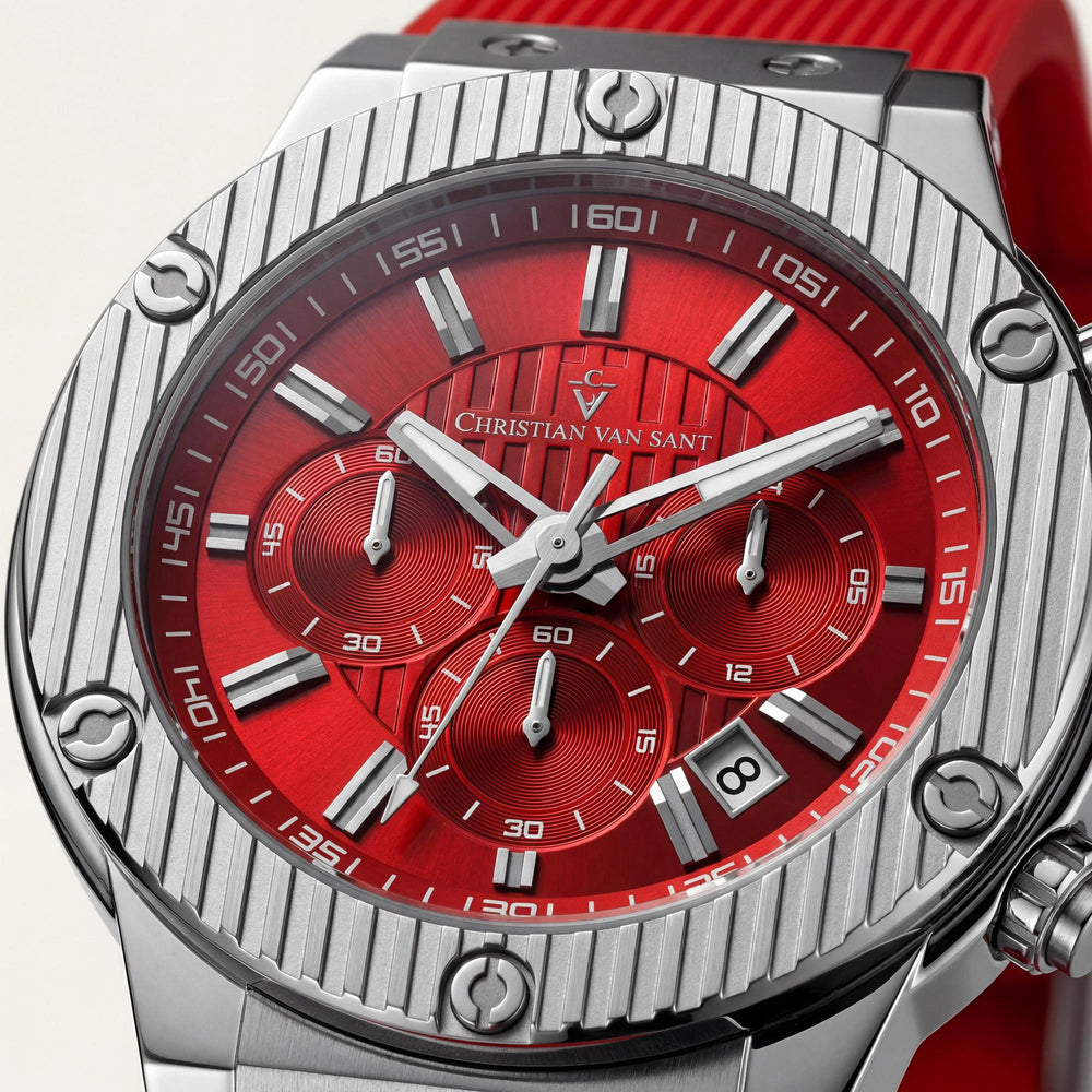 Reloj de cuarzo mineral Christian Van Sant para hombre, correa de caucho roja, caja de acero inoxidable, resistente al agua hasta 50 m y resistente a arañazos.