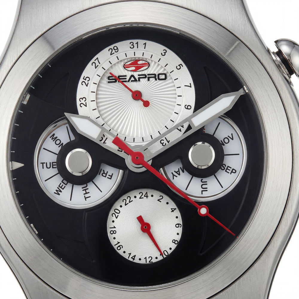 Seapro SP0131 correa Reloj de cuarzo multifunción negro para hombre con esfera negra, 50 m resistente al agua, cristal mineral resistente a los arañazos
