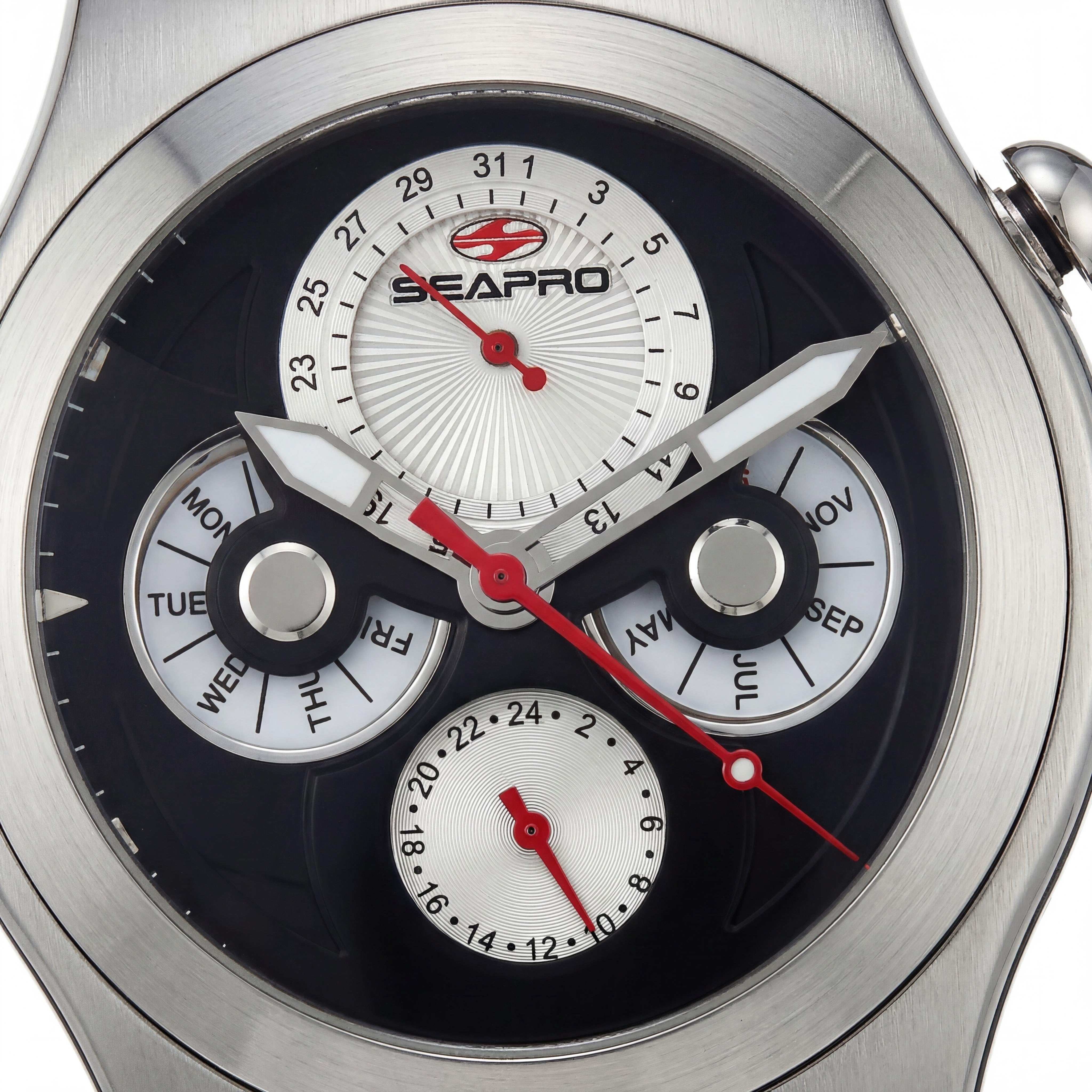 Seapro correa Reloj de cuarzo multifunción negro para hombre con esfera negra, 50 m resistente al agua, cristal mineral resistente a los arañazos, Photo 2