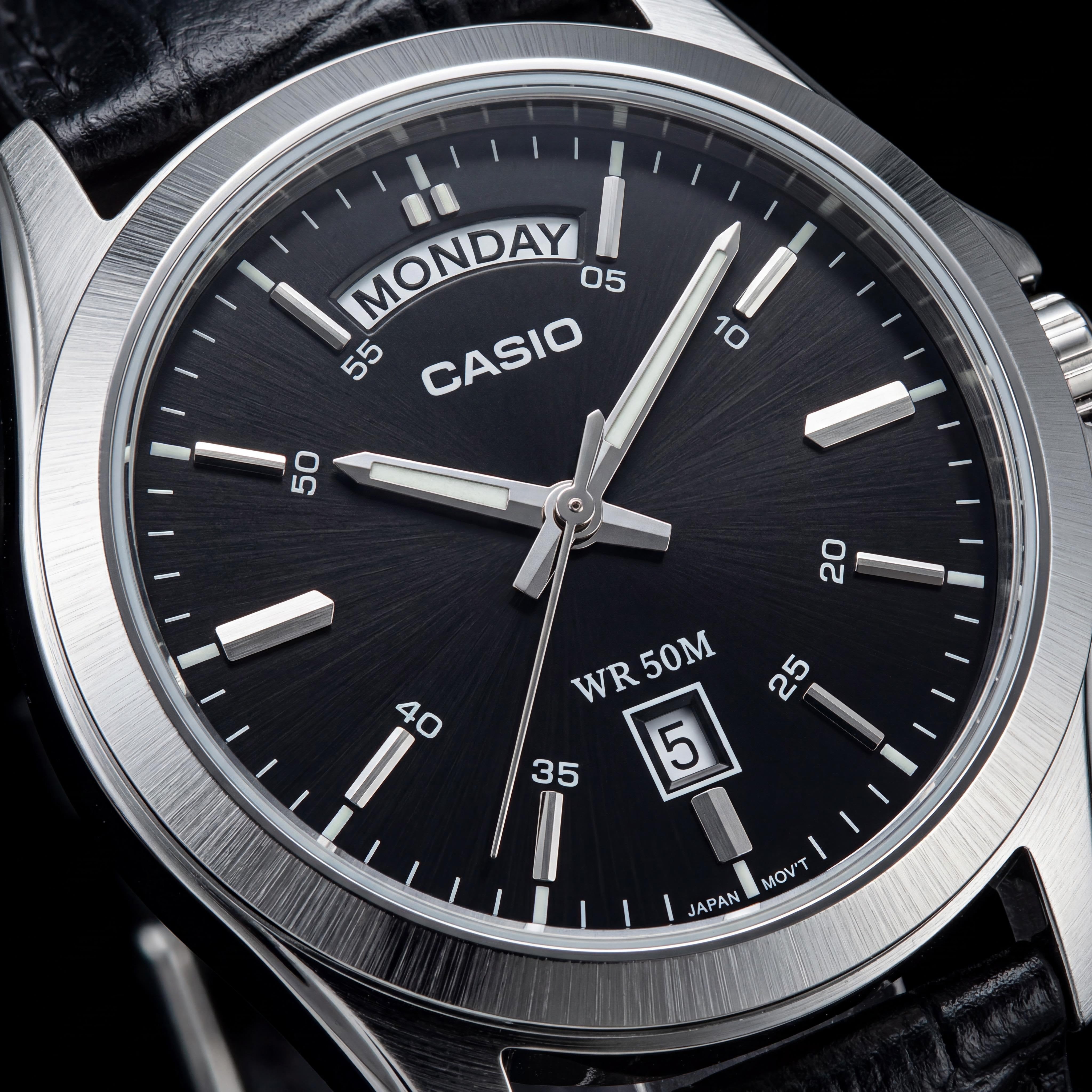 Casio MTP1370L-1A Unisex Black Stainless Steel Case & Genuine Leather Band Water Resistant Watch 45mm, Photo 2