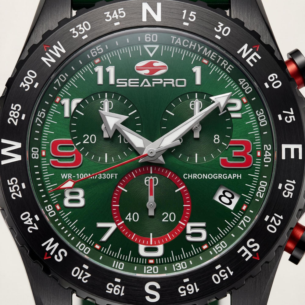 Reloj cronógrafo de cuarzo Seapro para hombre, esfera verde, caja de acero inoxidable, correa de caucho, cristal mineral resistente a arañazos.