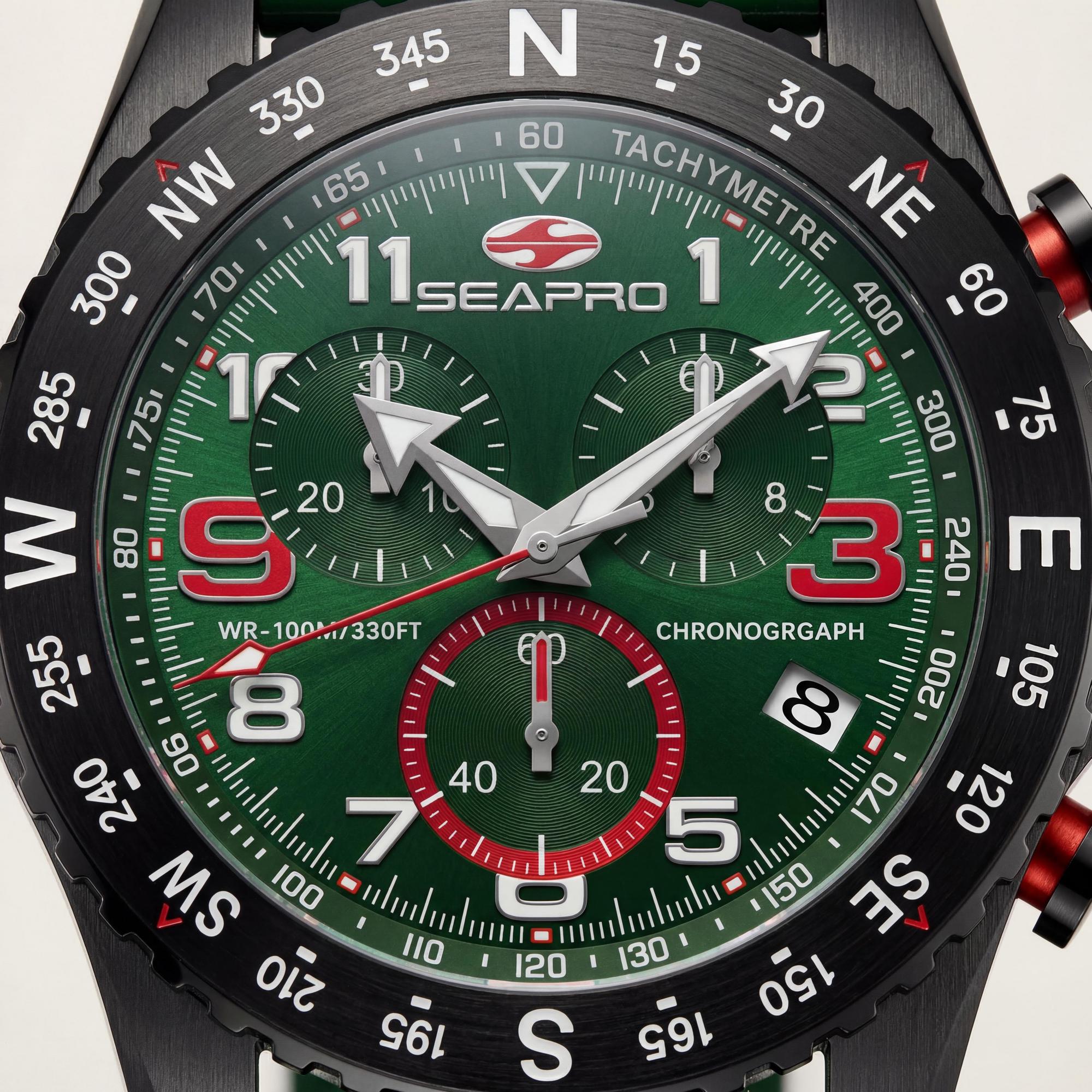 Seapro Men's Quartz Chronograph Watch, Green Dial, Stainless Steel Case, Rubber Strap, Scratch-Resistant Mineral Crystal, Photo 2