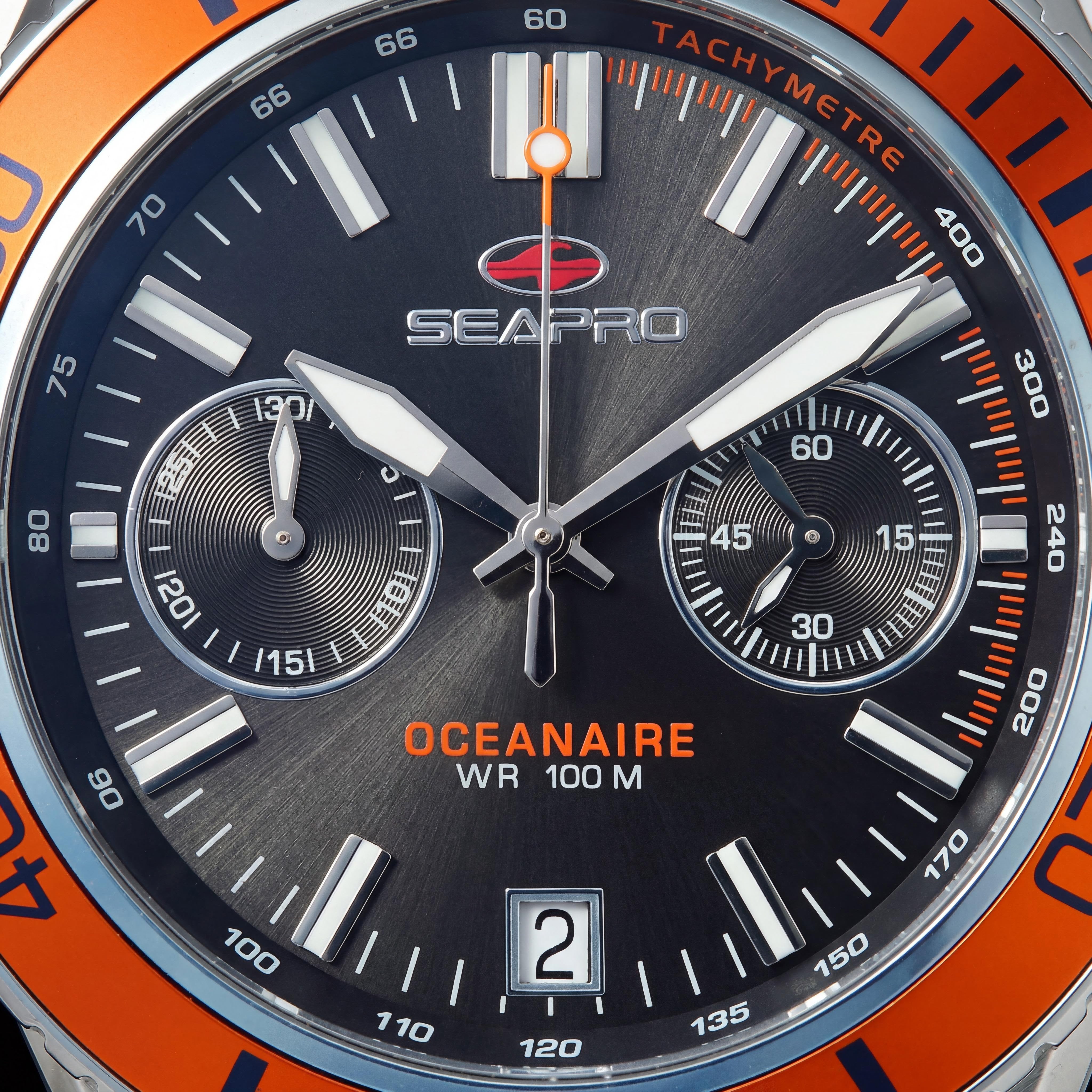 Reloj de cronógrafo negro Seapro de cuarzo para hombre con visualización de fecha, bisel giratorio, correa de silicona y caja de acero inoxidable, resistente al agua 100 m, Photo 2