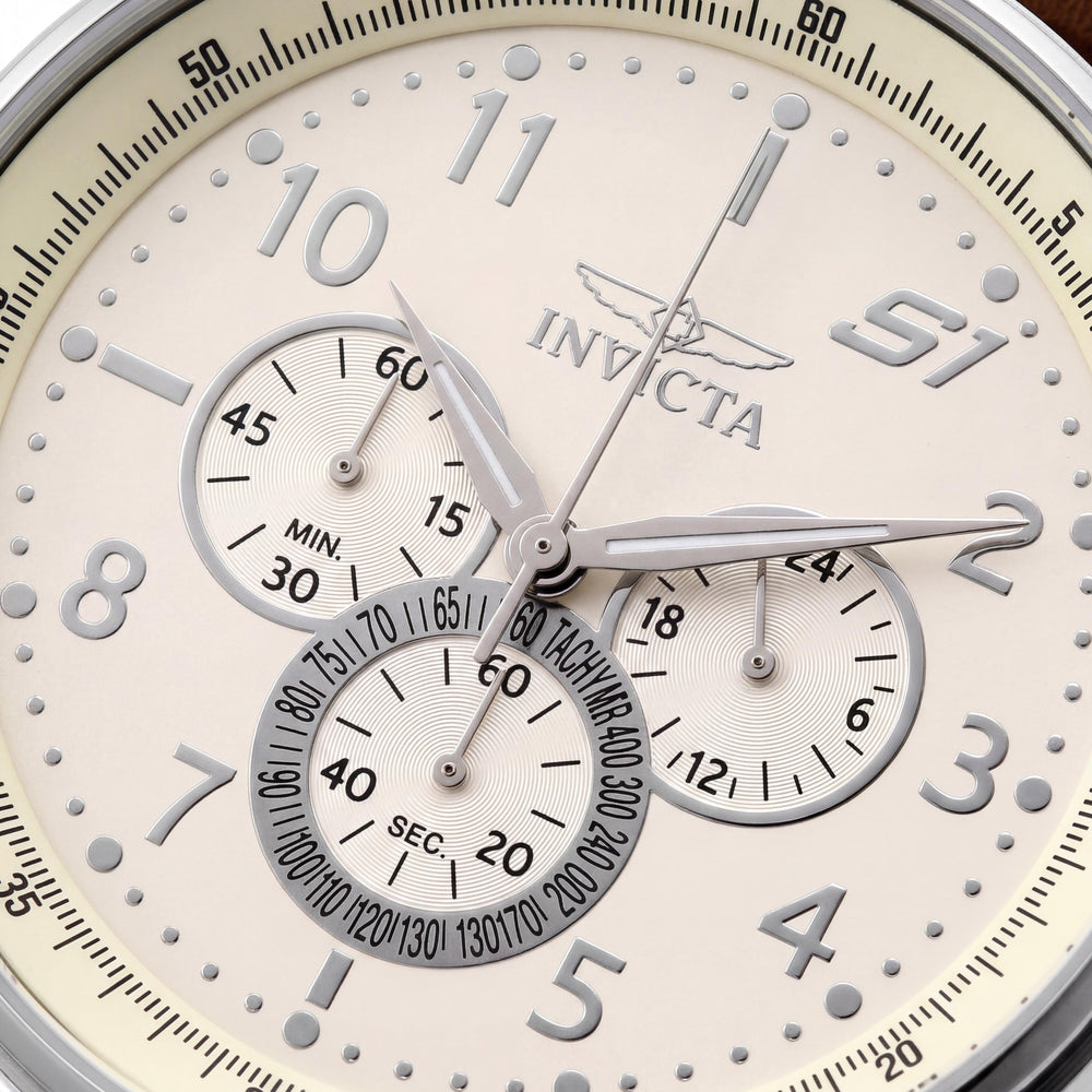 Invicta S1 Rally 25724 Reloj de hombre, acero inoxidable tono plateado, esfera marfil, correa de cuero marrón, taquímetro, 48 mm