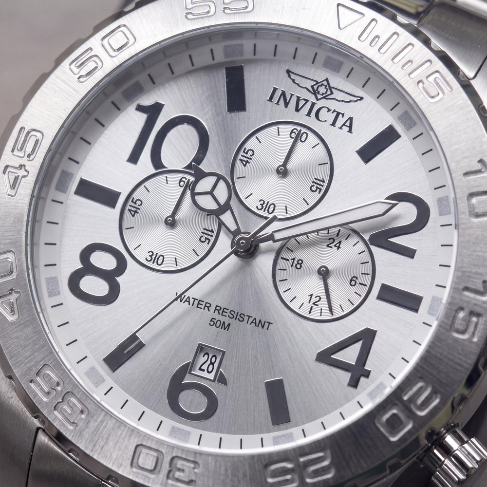 Invicta 1269 Men's Silver Stainless Steel Chronograph Water Resistant Watch with Luminous Arabic Numerals 50mm