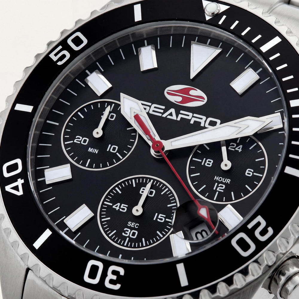 Reloj Seapro para hombre con movimiento de cuarzo, esfera negra, caja de acero inoxidable, brazalete de acero inoxidable, resistente al agua.
