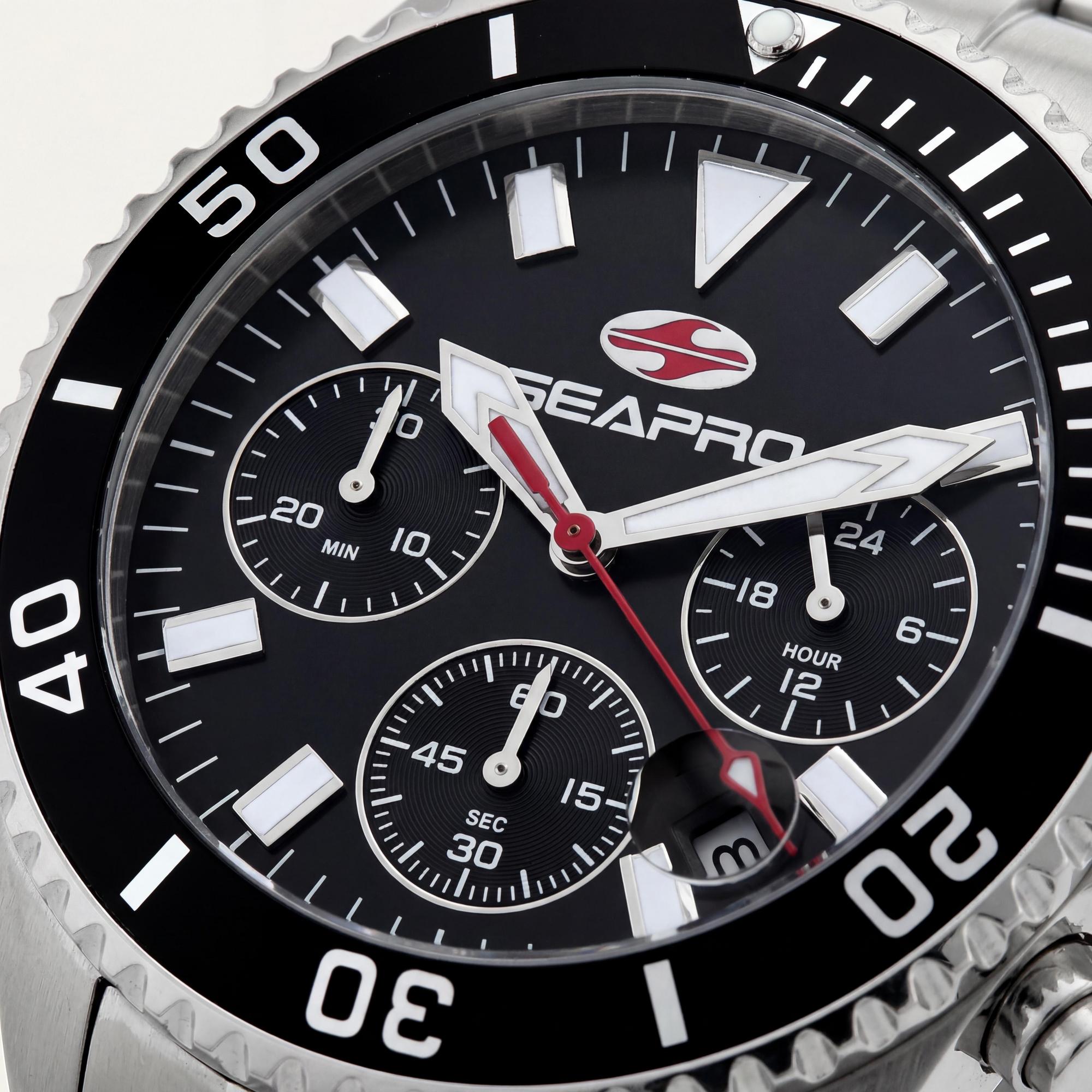 Reloj Seapro para hombre con movimiento de cuarzo, esfera negra, caja de acero inoxidable, brazalete de acero inoxidable, resistente al agua., Photo 2