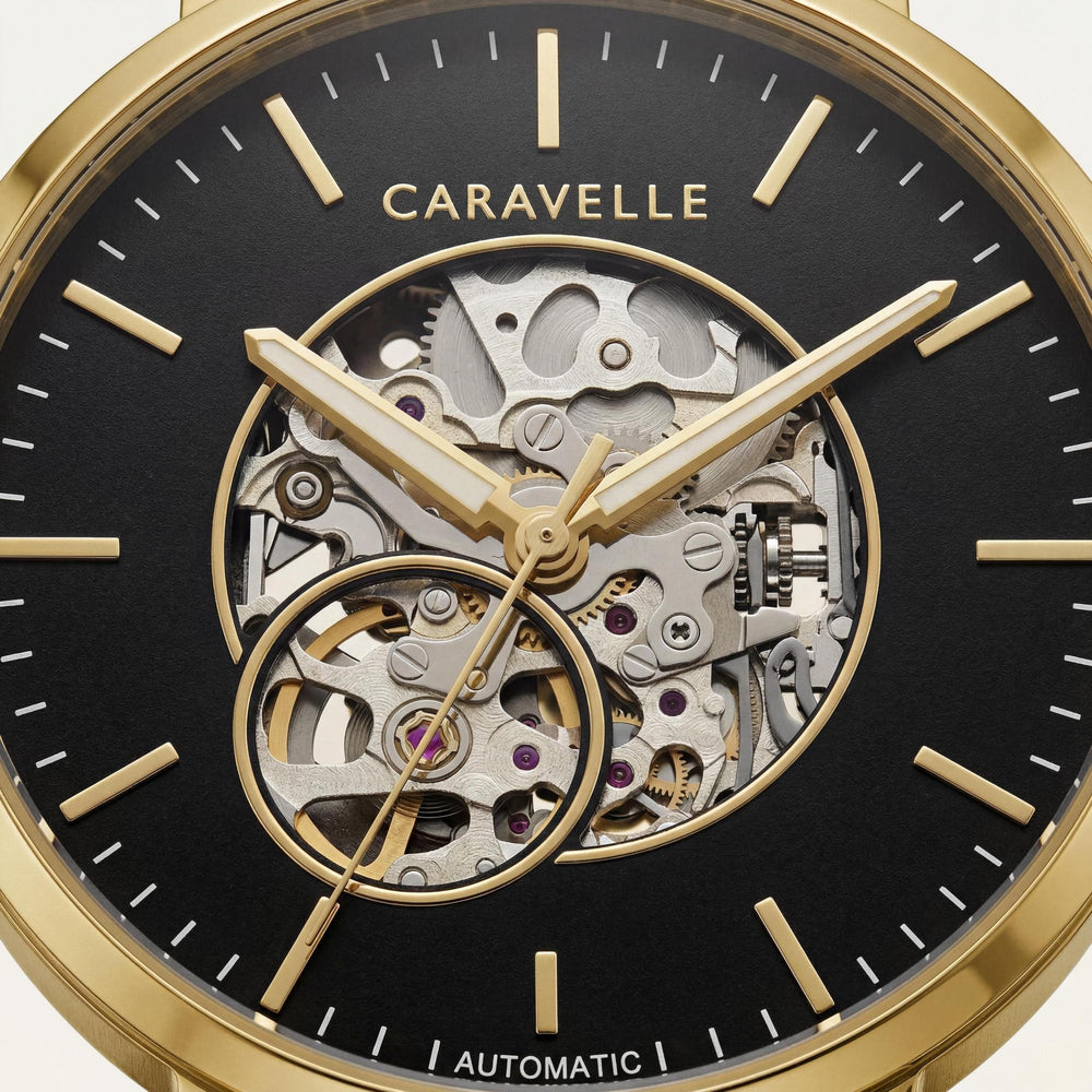 Caravelle Men's Classic Dress Gold-Tone Stainless Steel Automatic Skeleton Watch with Black Leather Strap