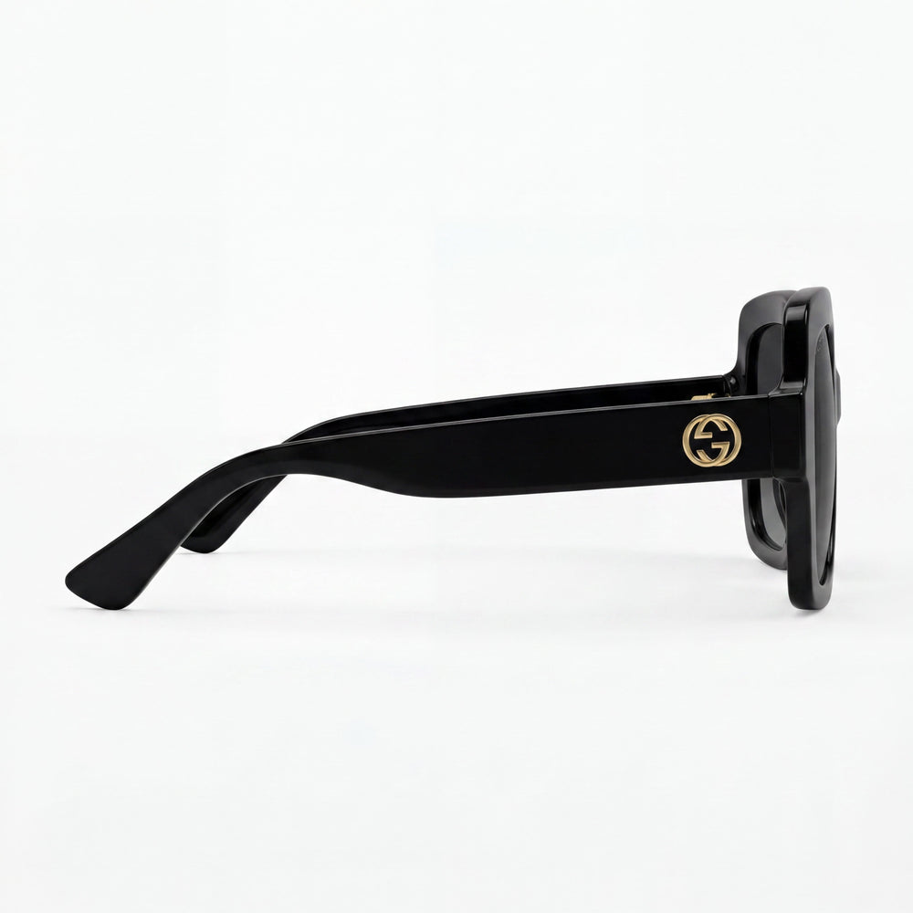 Gucci GG1337S 002 Women's Black Gold-Logo Full Rim Square Plastic Sunglasses with Grey Gradient Lenses 54mm UV Protection