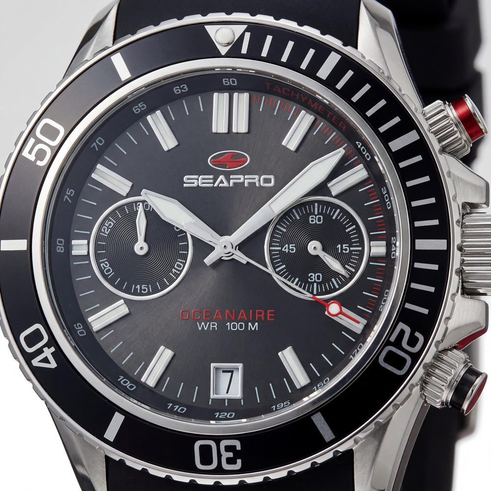 Reloj Seapro Thrash de cuarzo para hombre SP0330, correa de silicona, caja de acero inoxidable negra, cronógrafo, fecha, bisel giratorio, resistente al agua 100m