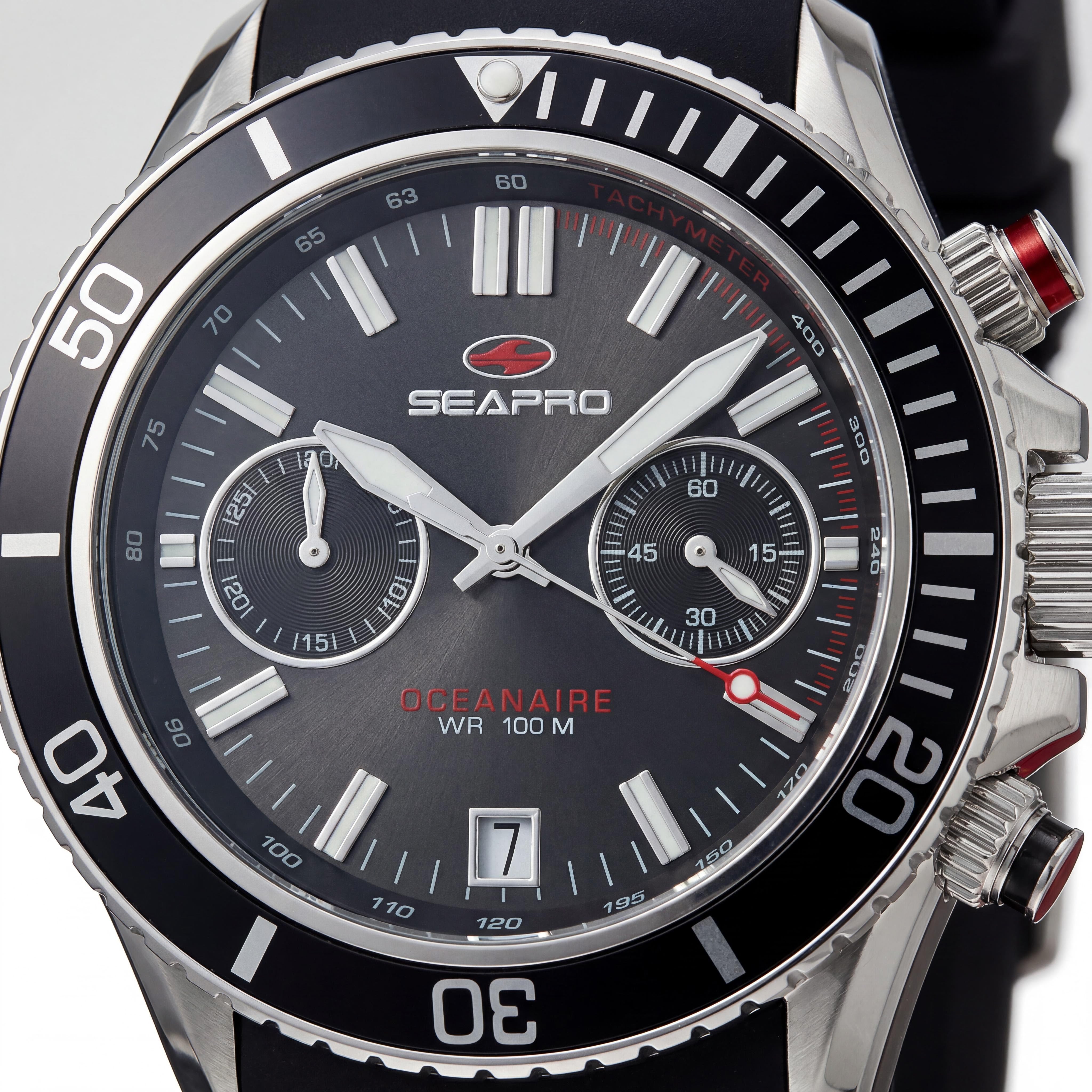Seapro Men's SP0330 Thrash Black Stainless Steel Case Silicone Strap Quartz Chronograph Date Rotating Bezel Water Resistant 100m Watch, Photo 2