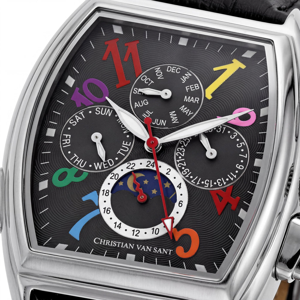 Christian Van Sant Men's CV2130 Grandeur Automatic Moon Phase Black Stainless Steel Leather Watch