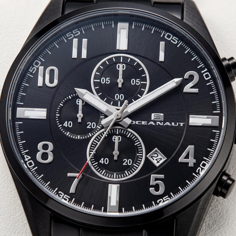 Reloj Oceanaut para hombre, con esfera negra, caja y pulsera de acero inoxidable, cronógrafo de cuarzo, resistente al agua hasta 100 m.