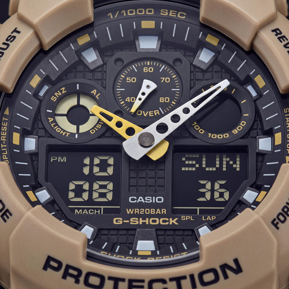 Reloj Casio GA-1000L resistente a los golpes, sumergible 200 m, horario mundial, alarma, temporizador, luz LED, unisex, color beige