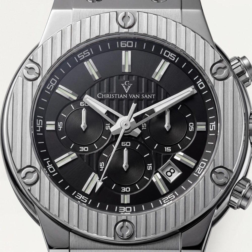 Reloj Christian Van Sant para hombre, resistente al agua, con caja de acero inoxidable negro y correa de caucho.