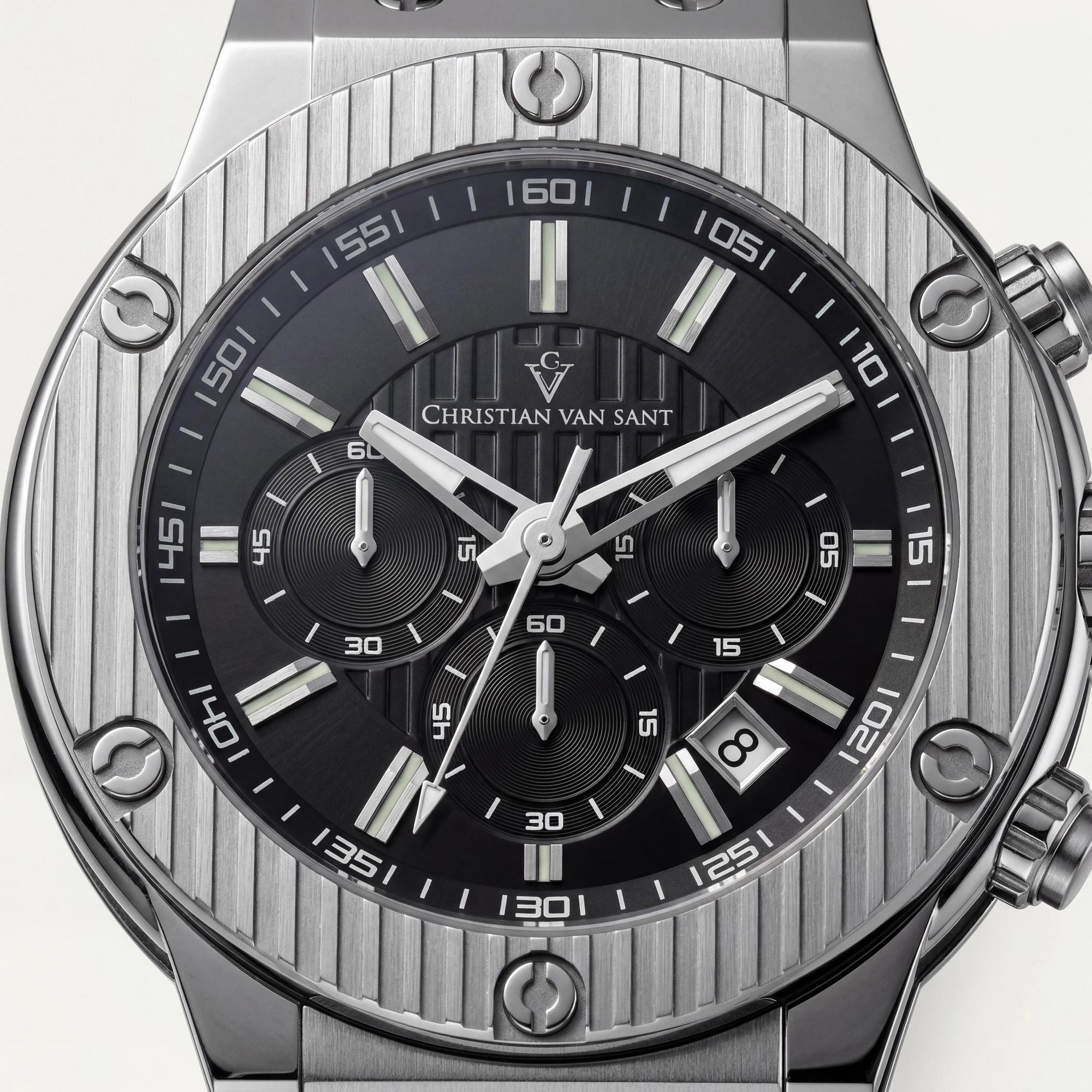 Christian Van Sant Strap Men's Black Stainless Steel Case Rubber Strap Water Resistant Watch, Photo 2