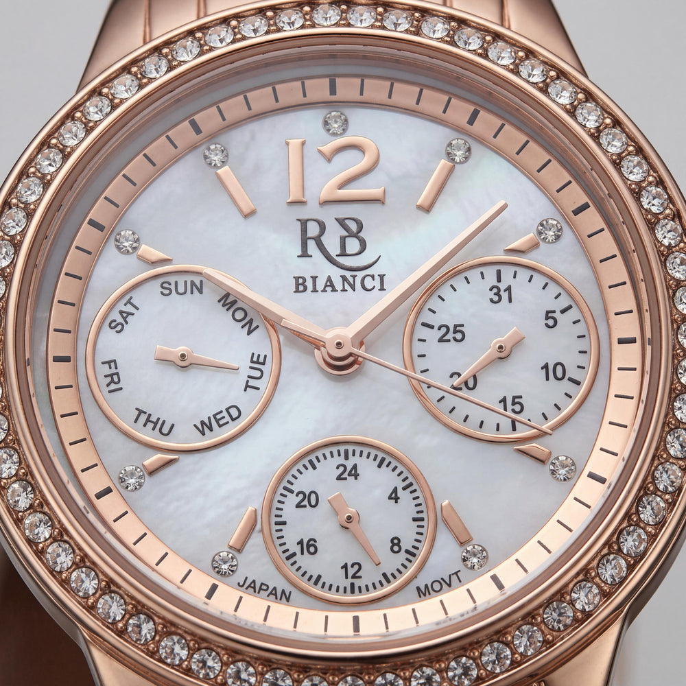 Reloj multfunción Roberto Bianci Valentini para mujer con caja rosa, esfera de nácar blanco y detalles de cristal