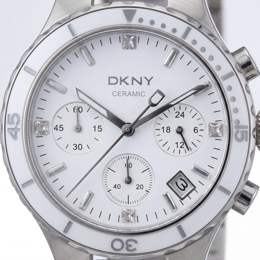 Reloj de cuarzo cronógrafo DKNY NY8502 para mujer, brazalete de cerámica, esfera blanca, caja de acero inoxidable de 38 mm
